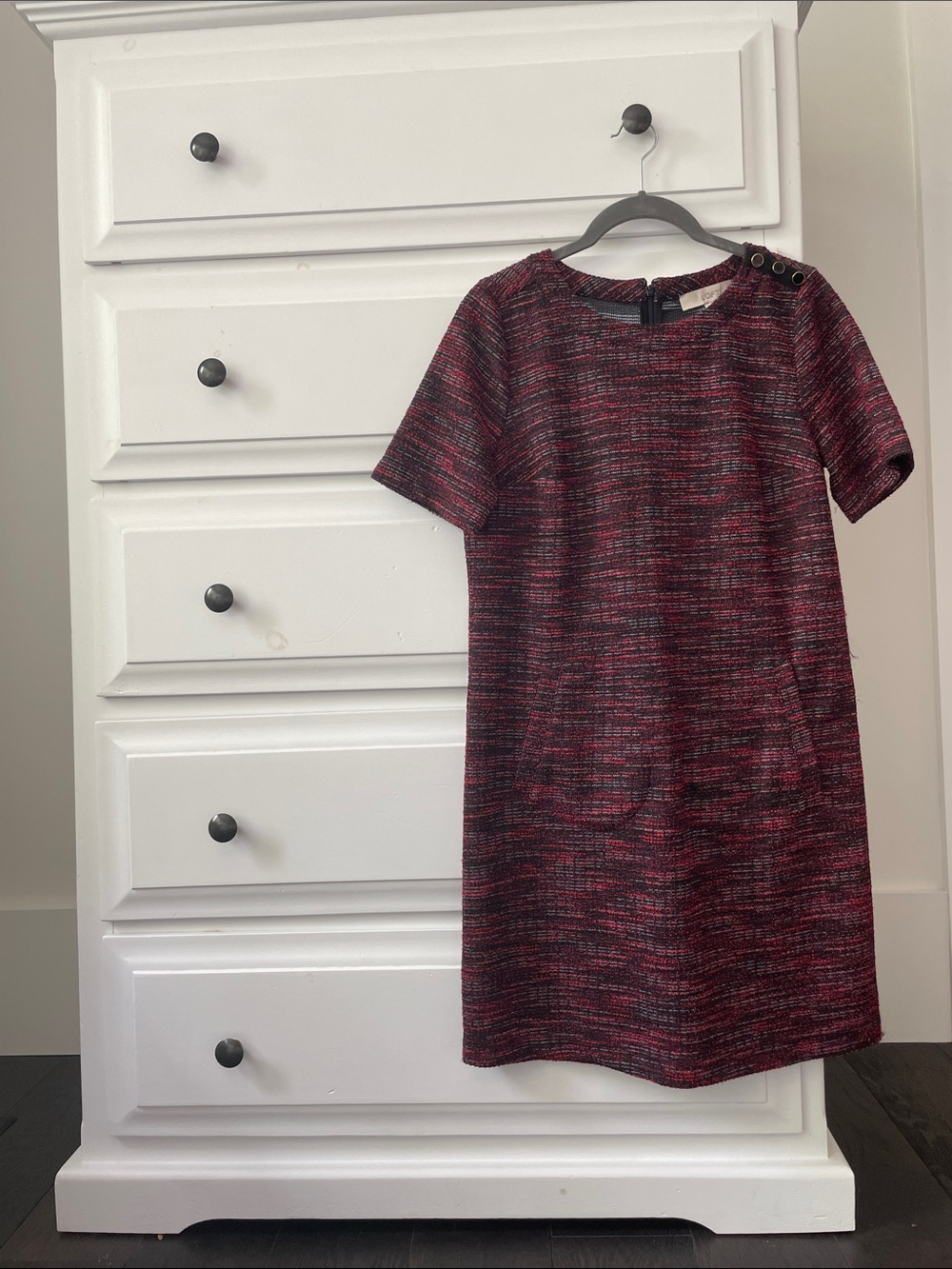 Ann Taylor LOFT Tweed T-Shirt Dress with Front Pocket Detail in Burgandy
